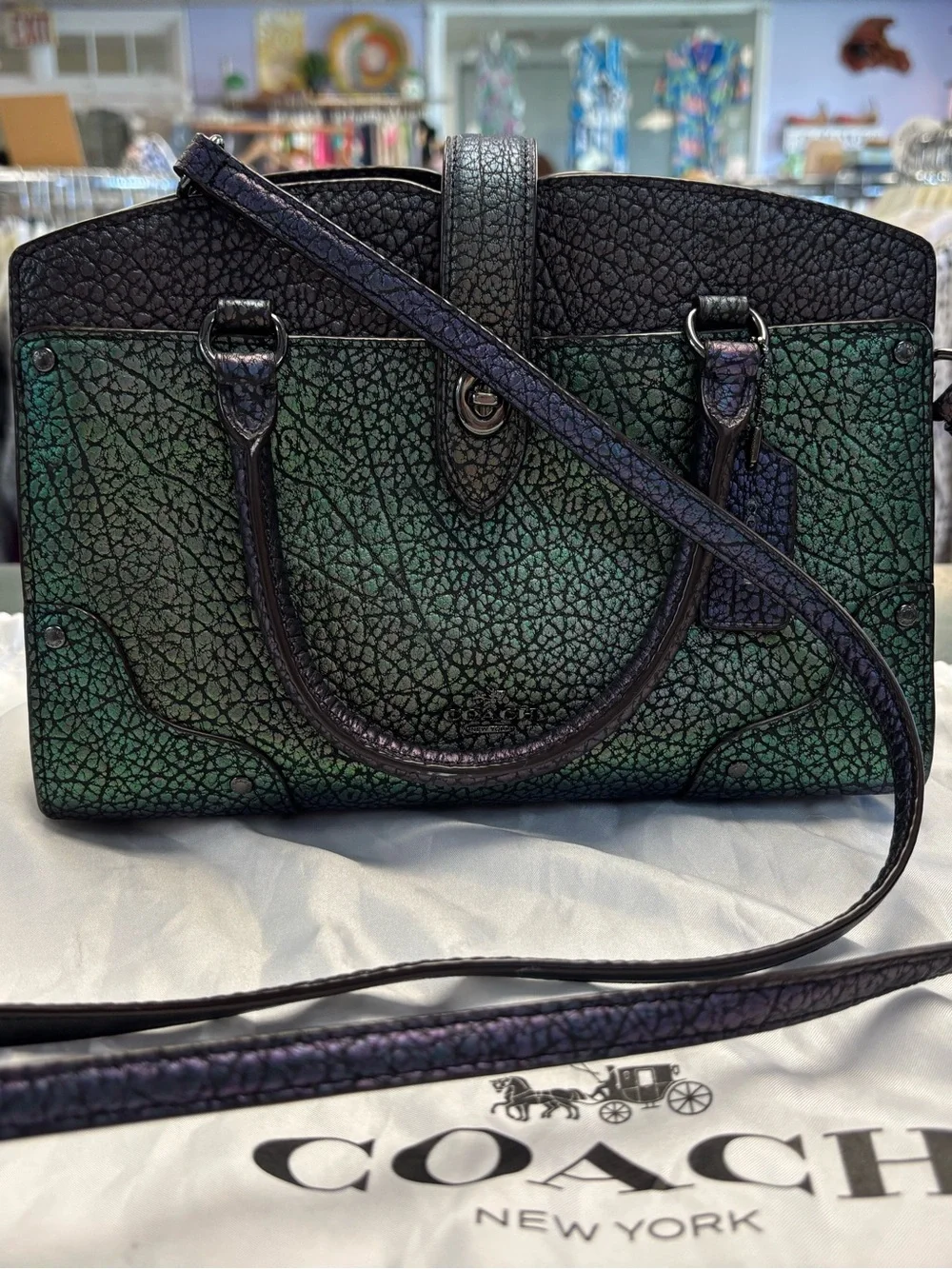 Coach Mercer Satchel 24 in green purple hologram iridescent leather